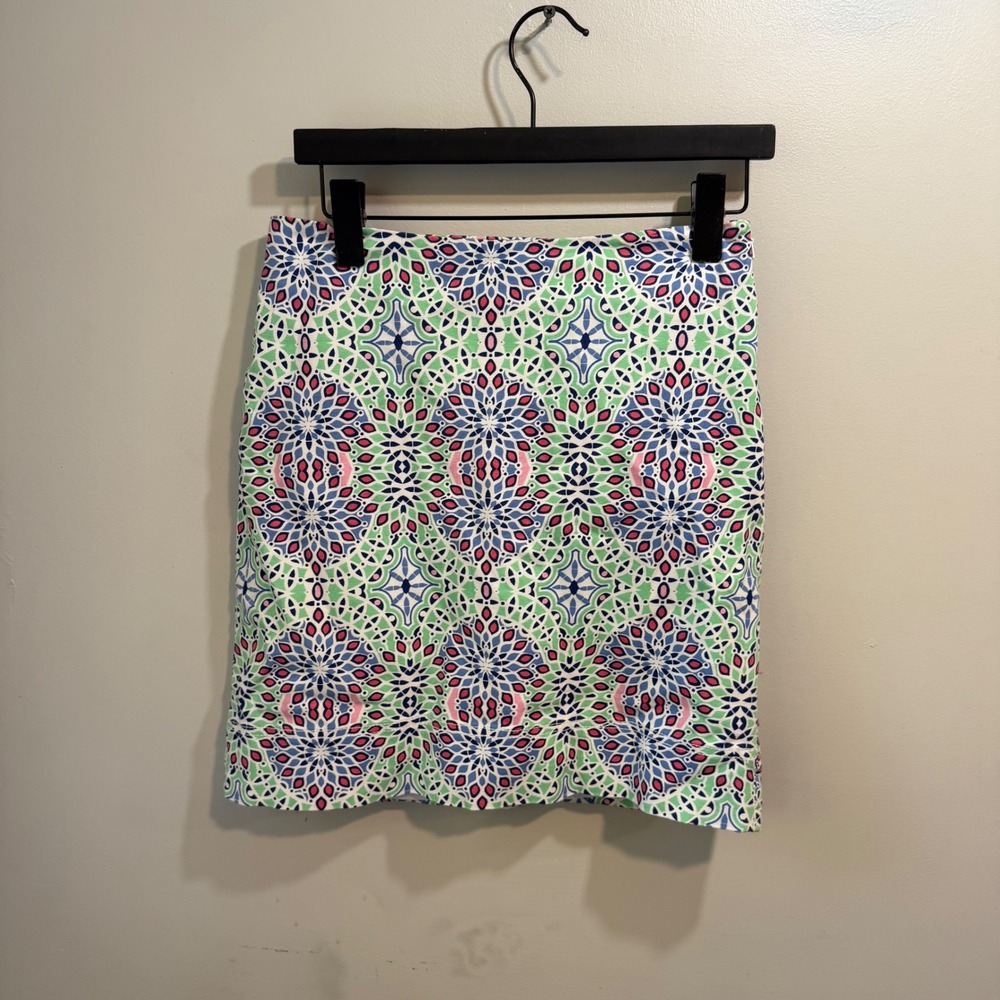 Talbots Petites Pencil Skirt 2P Geometric‎ Kaleidoscope Print Green Blue Pink